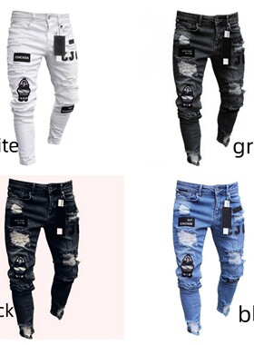 Men's tight fitting badge ripped jeans男士紧身牛仔裤破洞徽章