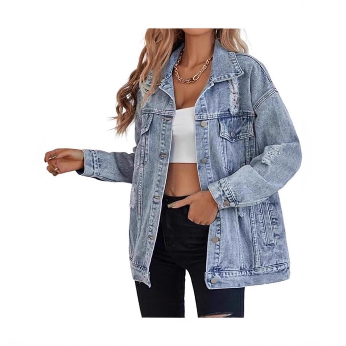 Women's ripped denim jacket女破洞牛仔外套牛仔褂宽松做旧夹克图片