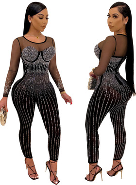 Women hot stamping long sleeved jumpsuit女网纱烫钻连体裤长袖
