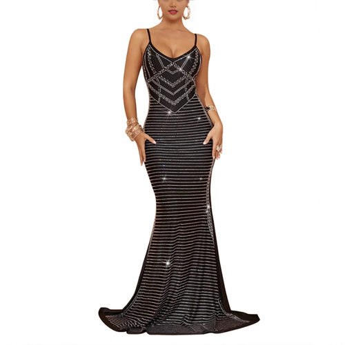 Women's suspender sleeveless rhinestone backless long skirt