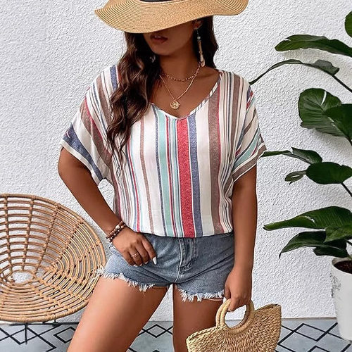 Striped Short Sleeve Slim Fit Shirt Top 条纹短袖修身衬衫上衣