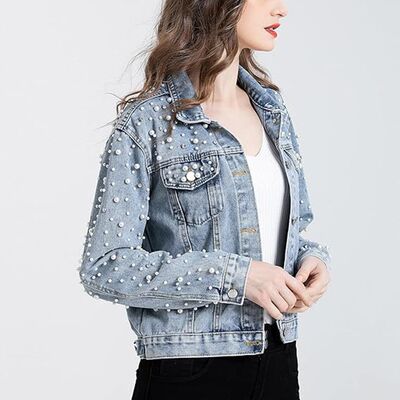 Women's pearl denim jacket女式珍珠牛仔夹克短款水钻外套