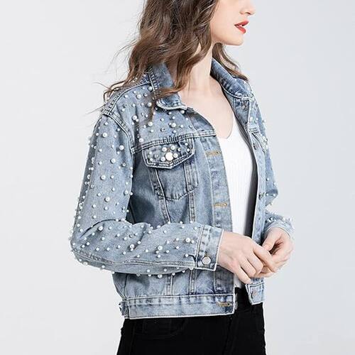 Women's pearl denim jacket女式珍珠牛仔夹克短款水钻外套