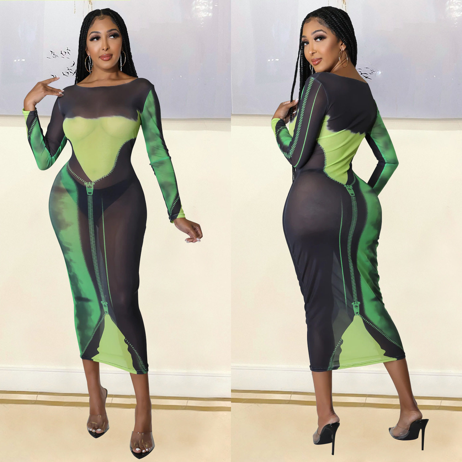 Women's Fashion Sexy Mesh Printed Long Sleeves Medium Length