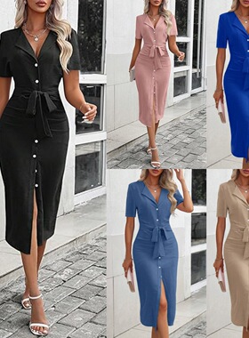 V-neck waist cinching temperament slit dressV领开叉连衣裙