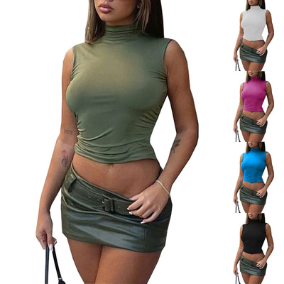 Women's high neck tight fitting sleeveless T-shirt女无袖T恤