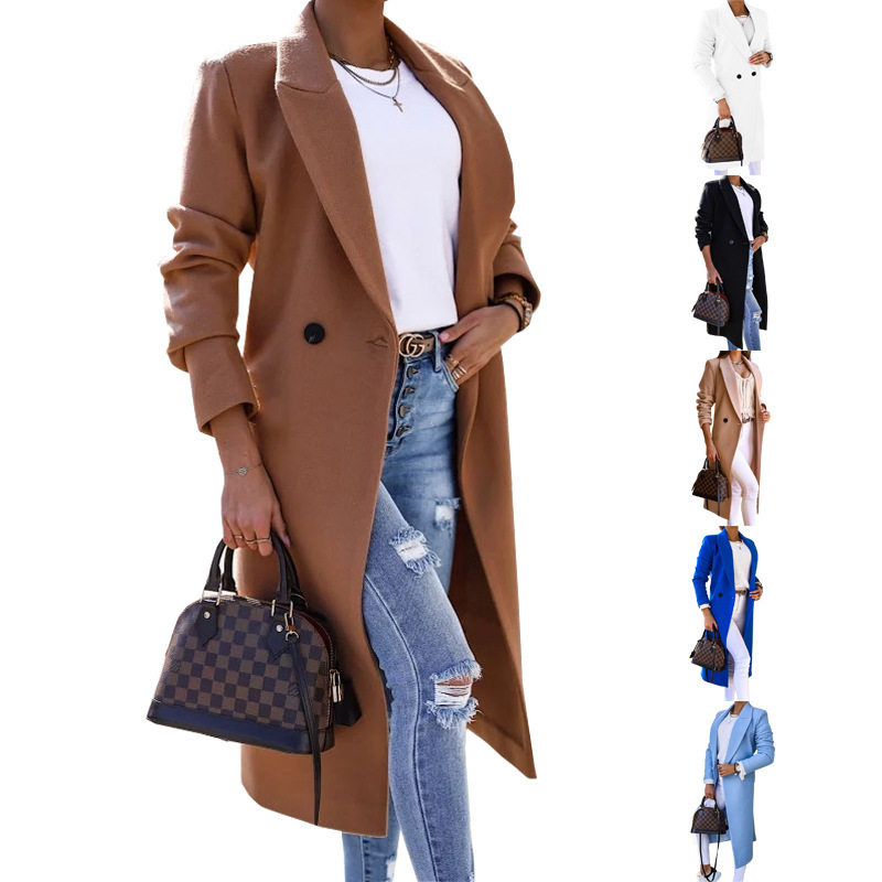 2025 Women's solid color woolen coat秋冬欧美女装纯色毛呢大衣