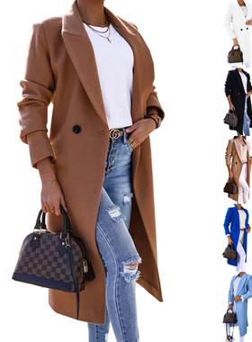 2025 Women's solid color woolen coat秋冬欧美女装纯色毛呢大衣