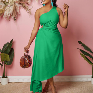 Out Oblique Shoulder Solid 修身 Cut Dress 镂空斜肩连衣裙 Slim