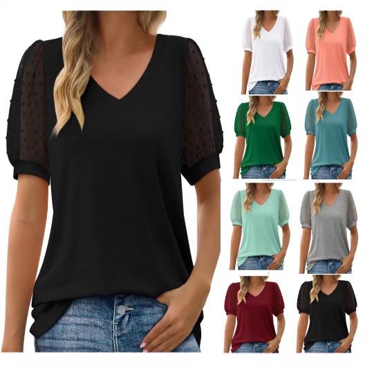Women short sleeved bubble sleeve V-neck T-shirtV领纯色T恤女