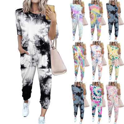 Women's printed short sleeved+long pants casual home set