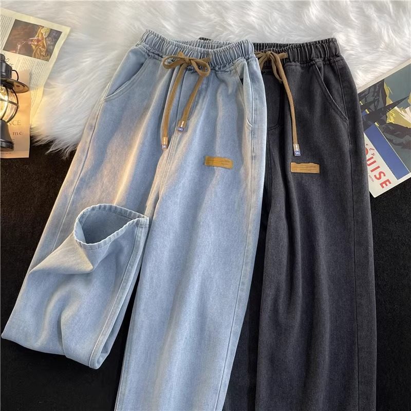 Men loose straight tube retro elastic drawstring jeans牛仔裤