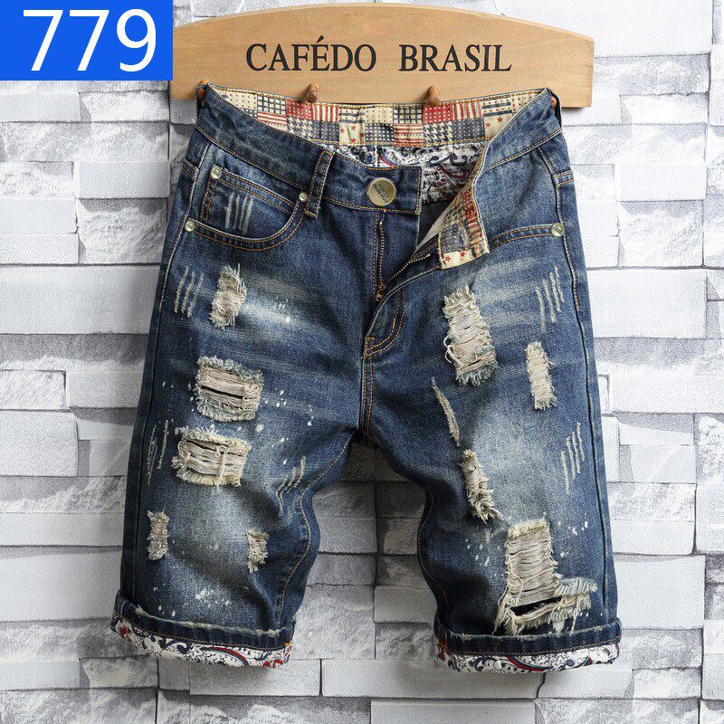 Men's ripped denim shorts破洞男五分中裤夏季高街男式牛仔短裤