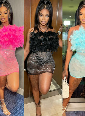 Women's feather wrapped chest dress女性感羽毛烫钻裹胸连衣裙