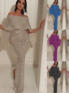 Women shoulder hugging hip dress with open slit evening gown