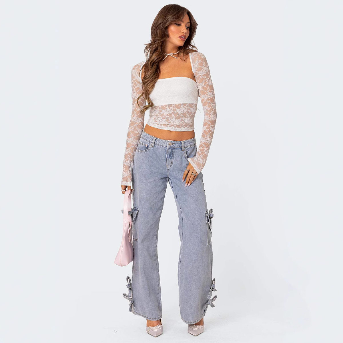 Retro bow waist straight leg women jeans蝴蝶结直筒裤女牛仔裤