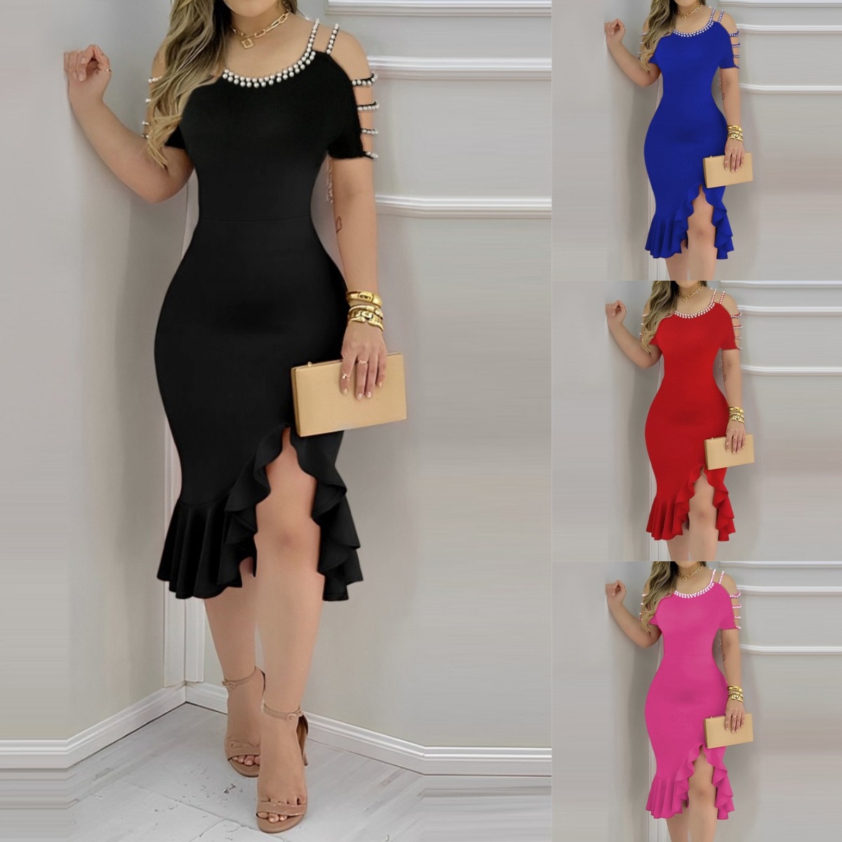 Tight ruffled slit dress for women紧身荷叶边开叉珍珠连衣裙女