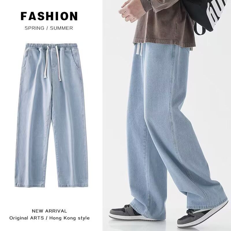 Light blue jeans for men, loose and trendy wide leg pants图片