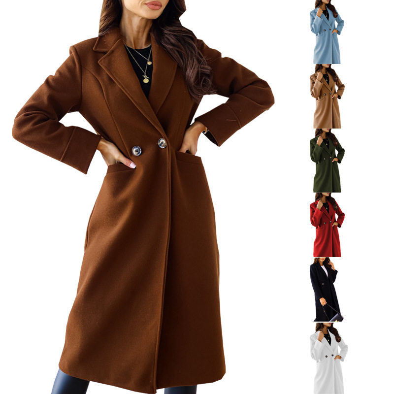 Women long sleeved lapel woolen coat女双排扣长袖翻领毛呢外套