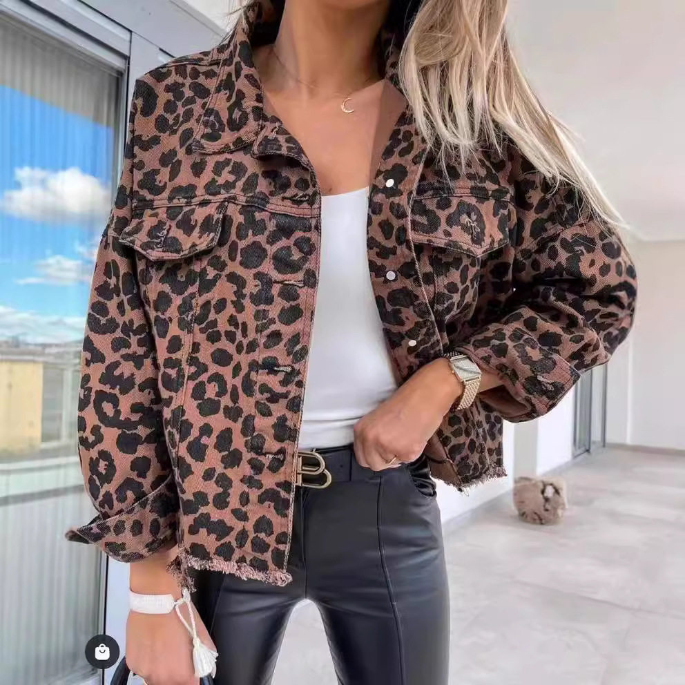 Women's leopard print denim jacket做旧豹纹牛仔外套女夹克衫
