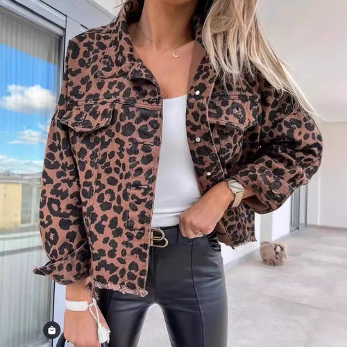Women's leopard print denim jacket做旧豹纹牛仔外套女夹克衫