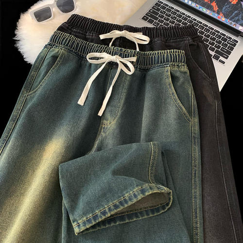 Elastic waist jeans men's/women washed retro pants牛仔裤男女