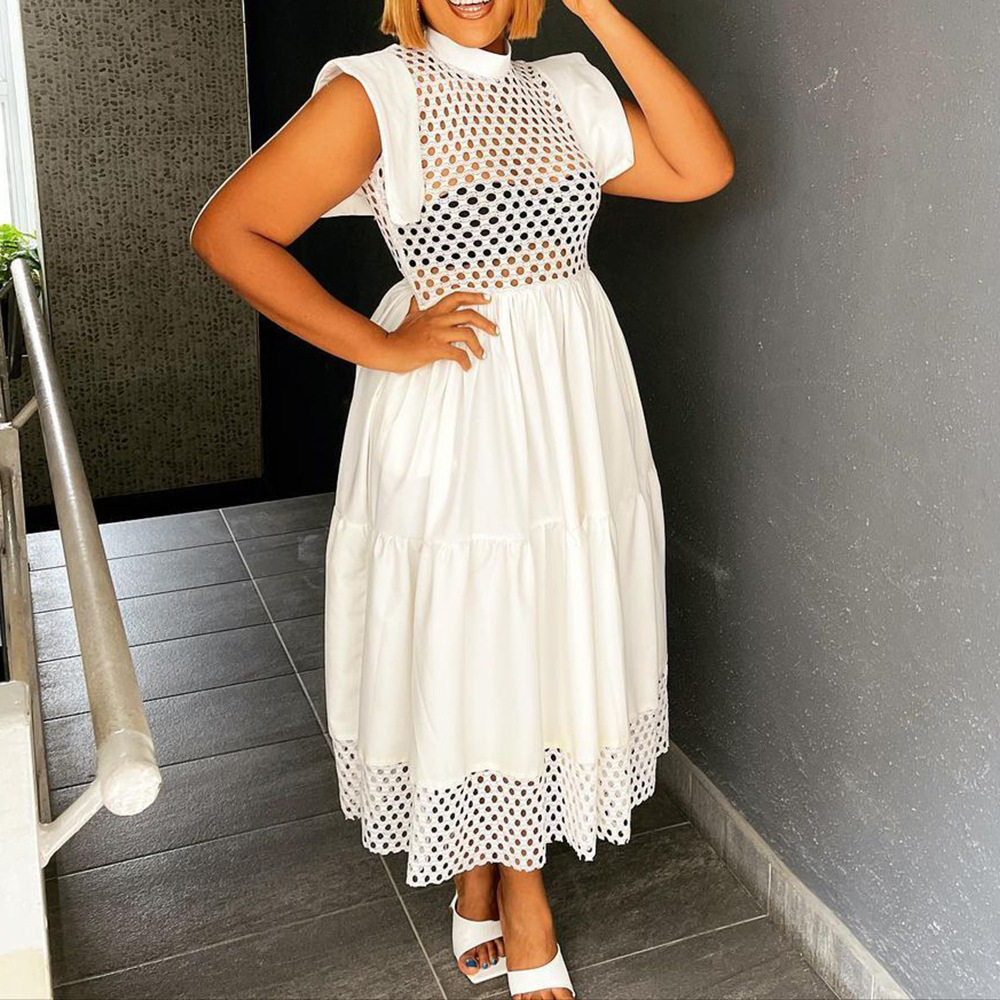 3XL Large Hollow Splicing A-line Skirt Women's Dress女连衣裙