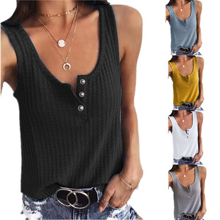 Women's solid color vest button up U-neck sleeveless T-shirt