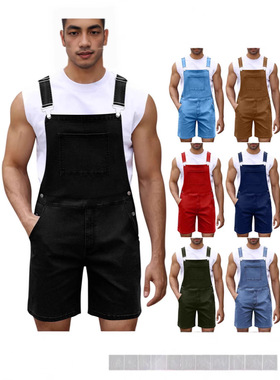 Trendy casual men's denim overalls and shorts牛仔背带短裤男
