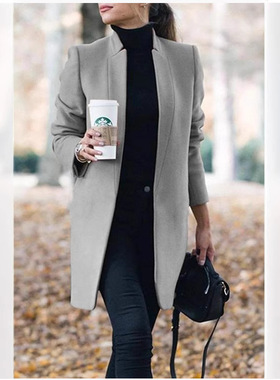 Women winter stand collar slim fit mid length woolen jacket