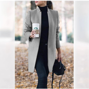 Women winter stand collar slim fit mid length woolen jacket