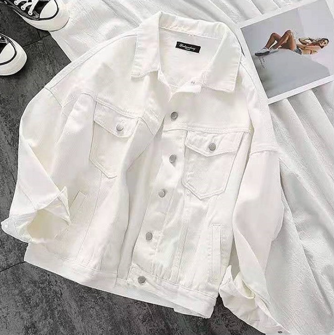 Women's white denim jacket宽松白色棉女牛仔外套长袖夹克上衣