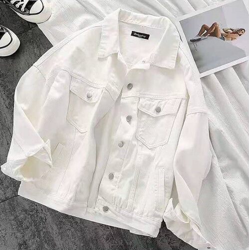 Women's white denim jacket宽松白色棉女牛仔外套长袖夹克上衣