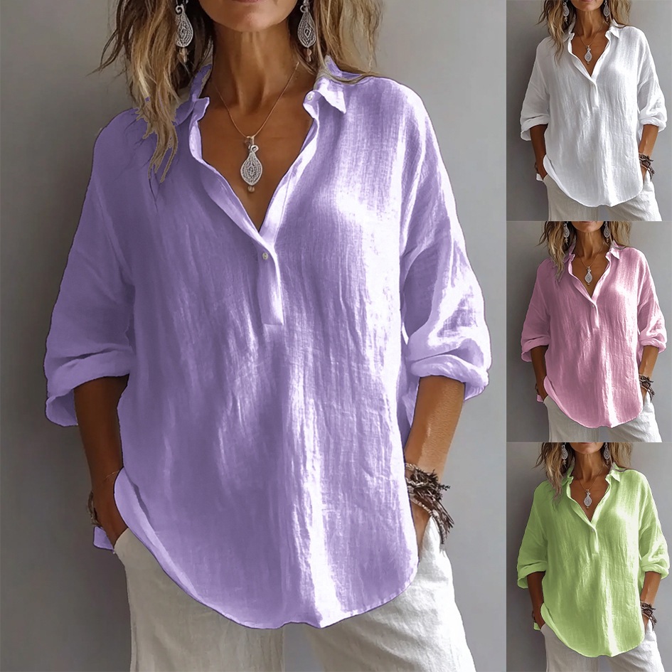 Women's solid color loose long sleeved linen V-neck shirt