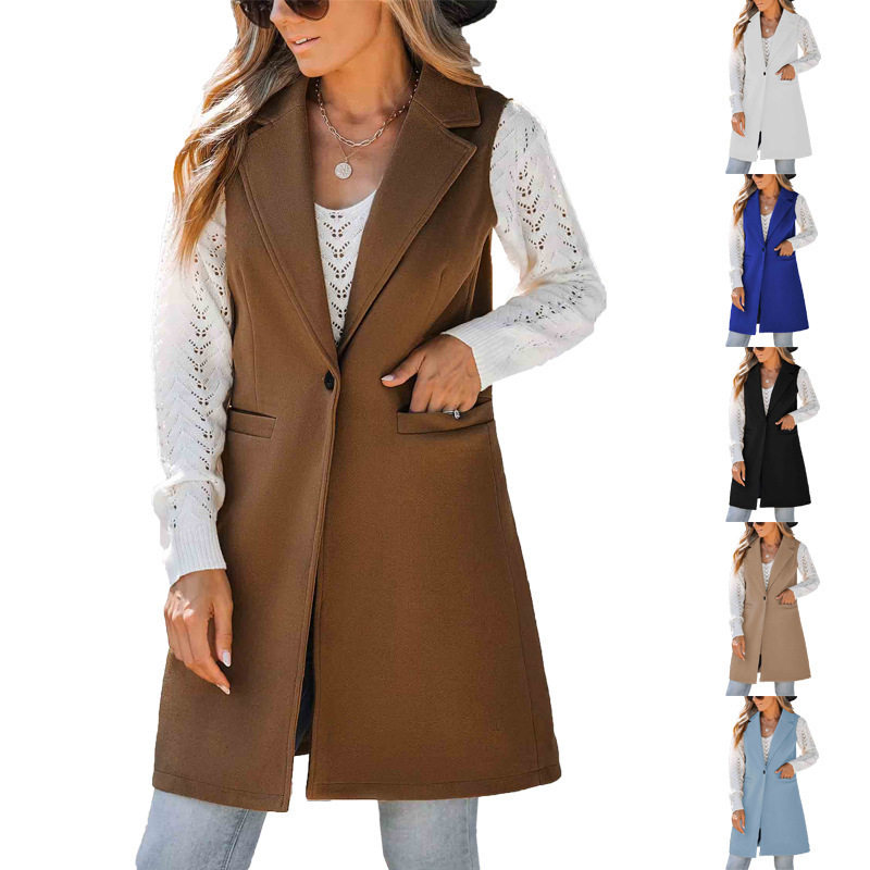 2025 Women's collar woolen vest欧美跨境女装马甲翻领毛呢大衣