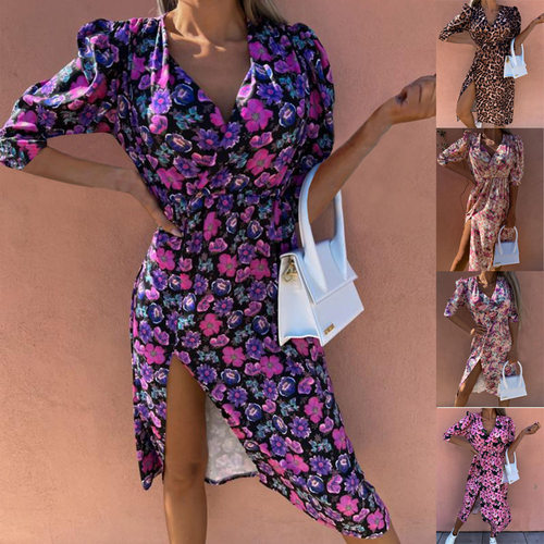 Women's printed mid sleeve V-neck dress女连衣裙中袖V领收腰