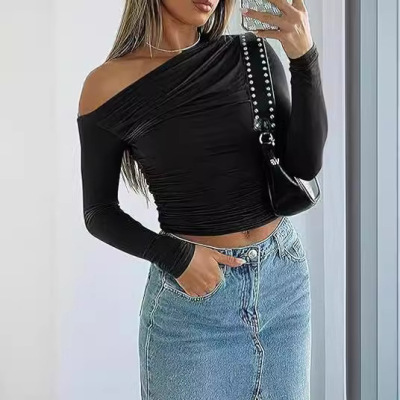 T-shirt women's long sleeved sloping shoulder top女长袖上衣