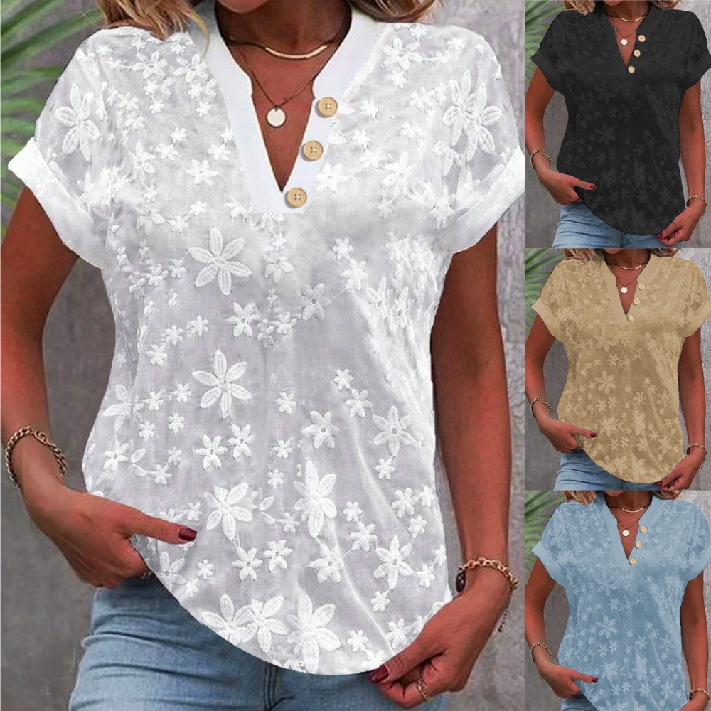 Solid color V-neck women's short sleeved shirtV领短袖衬衫女