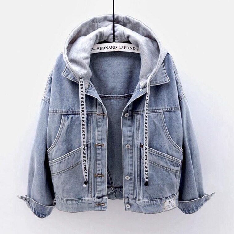 Women hooded denim jacket连帽牛仔外套女短款大口袋夹克衫上衣