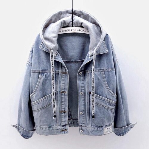 Women hooded denim jacket连帽牛仔外套女短款大口袋夹克衫上衣