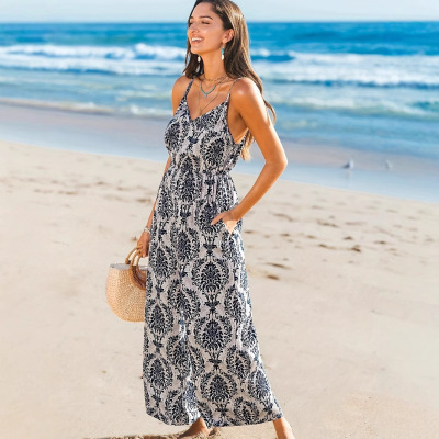 Women summer printed camisole French jumpsuit吊带法式连衣裤