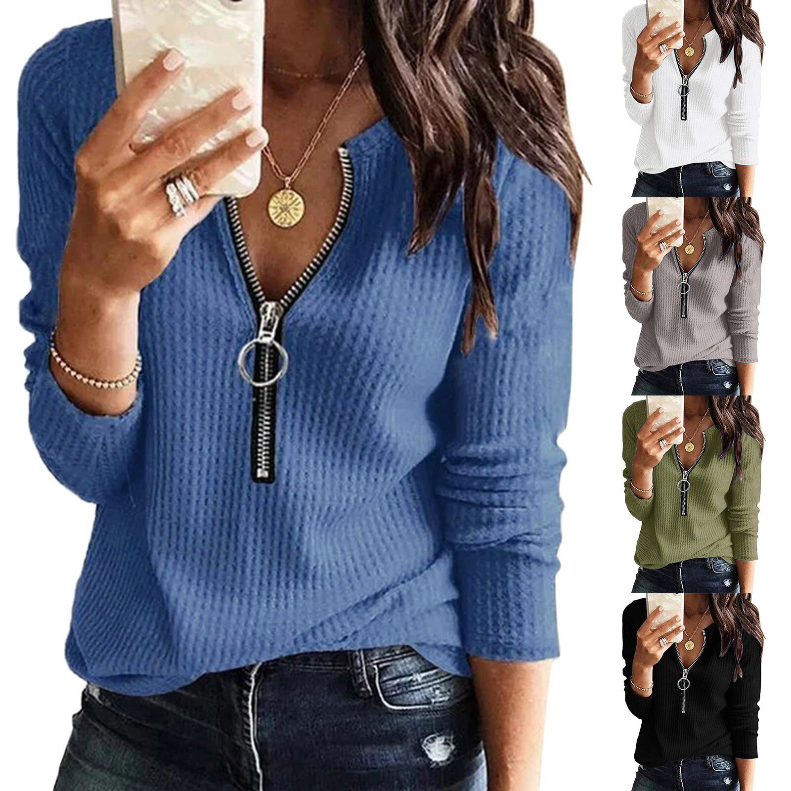 Zip Long SleeveSolid Colo Printed Long Sleeve T-Shir Women's