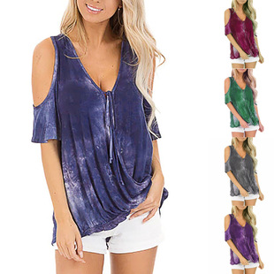 Women's tie dye V-neck off shoulder short sleeved t-shirt