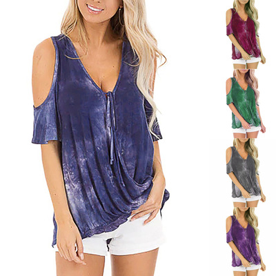Women's tie dye V-neck off shoulder short sleeved t-shirt