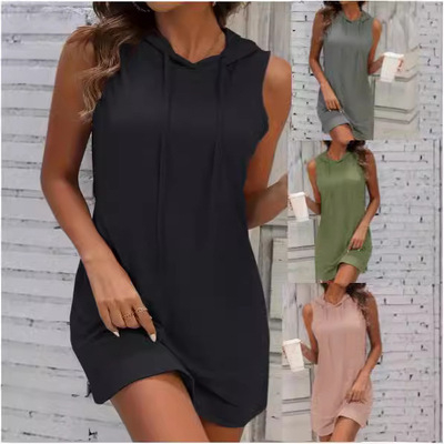 Women's sleeveless hip hugging hooded short dress女连帽短裙