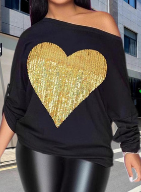 Women's heart-shaped sequined sloping shoulder hoodie女卫衣