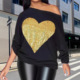 sloping heart Women shaped sequined shoulder hoodie女卫衣