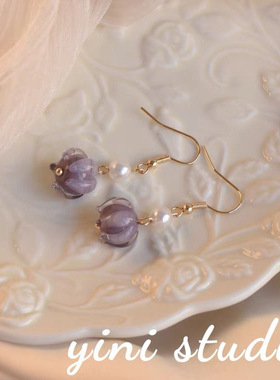 〔紫藤花下〕法师复古无耳洞耳夹温柔小众气质紫色琉璃花朵耳环女