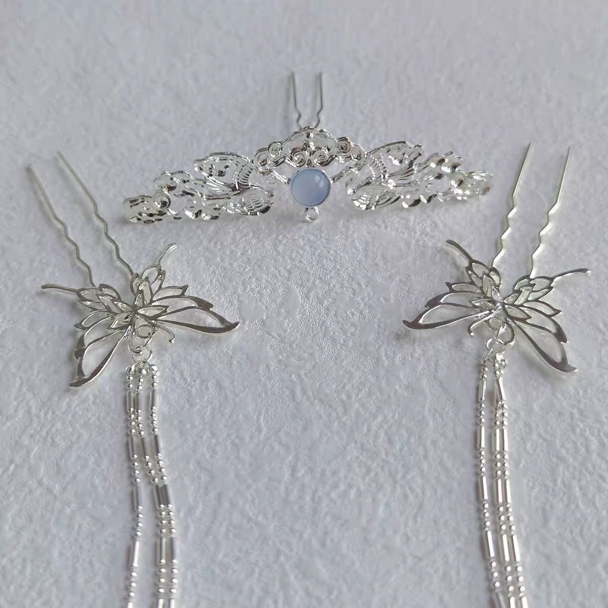 蝴蝶银色长流苏发钗小u钗清冷仙气发饰古风汉服配饰简约百搭中式