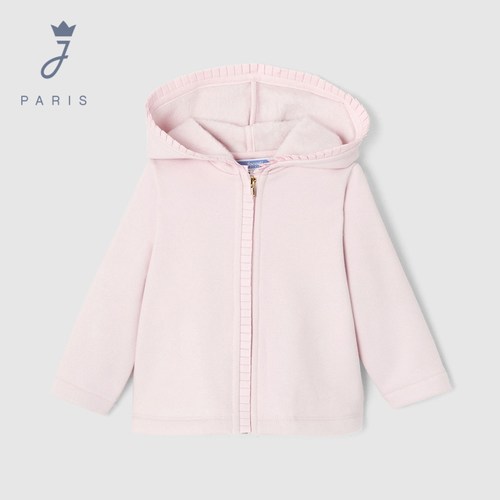 Jacadi亚卡迪女小童绒帽保暖百褶花边卫衣春秋款开衫上衣2032044